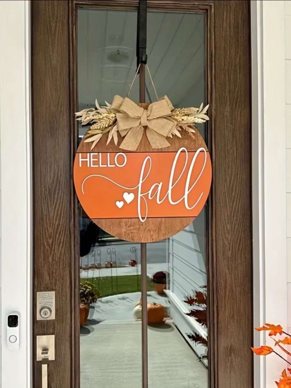 “Hello Fall”Round Wooden Sign with White Script and Bow - Picture 7 of 7